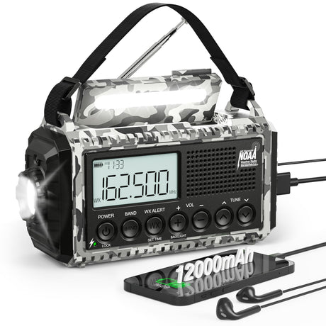 NOAA Weather Radio, Emergency Hand Crank Radio with Solar Charger, Portable Battery Operated AM FM Shortwave Radio with LED Flashlight, USB Charger, Earbud Jack, SOS Alert for Home Survival Hurricane