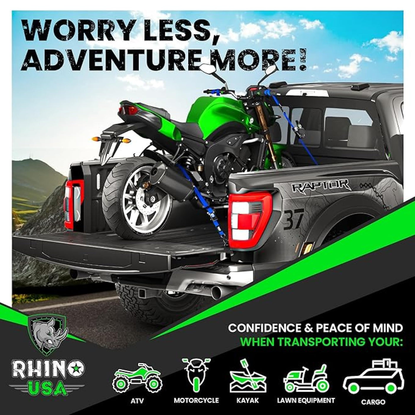 Rhino USA Retractable Ratchet Straps (4-Pack) - 1 Inch x 10 Feet (1,209lb Break Strength) - Heavy Duty Auto Self Retracting Tie Down Straps for Truck, Cargo Trailer, Motorcycle, Rad & More - Green