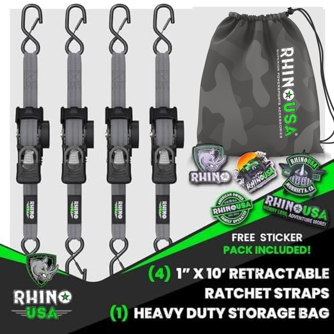 Rhino USA Retractable Ratchet Straps (4-Pack) - 1 Inch x 10 Feet (1,209lb Break Strength) - Heavy Duty Auto Self Retracting Tie Down Straps for Truck, Cargo Trailer, Motorcycle, Rad & More - Green