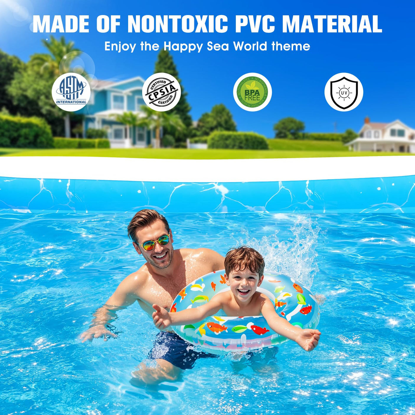 Inflatable Pool with Seat and Pool Lights, Durable Thickened Large Size Family Inflatable Pools for Adults Blow Up Pools,100" x 63" x 22"Swimming Inflatable Kids PooI for Backyard,Outdoor (White)