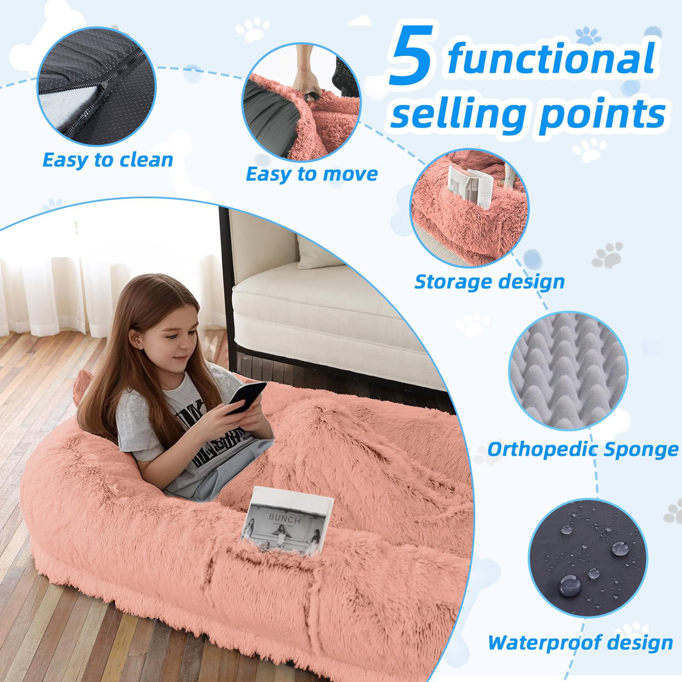 Human Dog Bed, Large Dog Beds for Humans Size Fits You and Pets, Washable Faux Fur Orthopedic Human Pet Bed for People Doze Off, Napping, Present Pillow, Blanket, Strap - Khaki