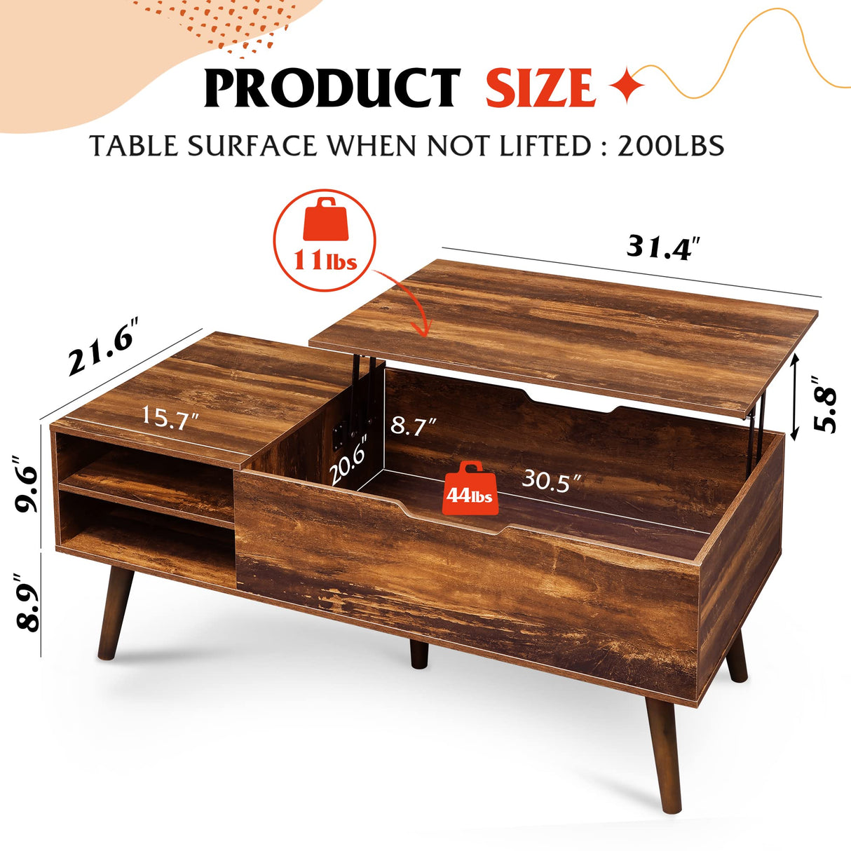 WLIVE Wood Lift Top Coffee Table with Hidden Compartment and Adjustable Storage Shelf, Lift Tabletop Dining Table for Home Living Room, Office, Rustic Oak