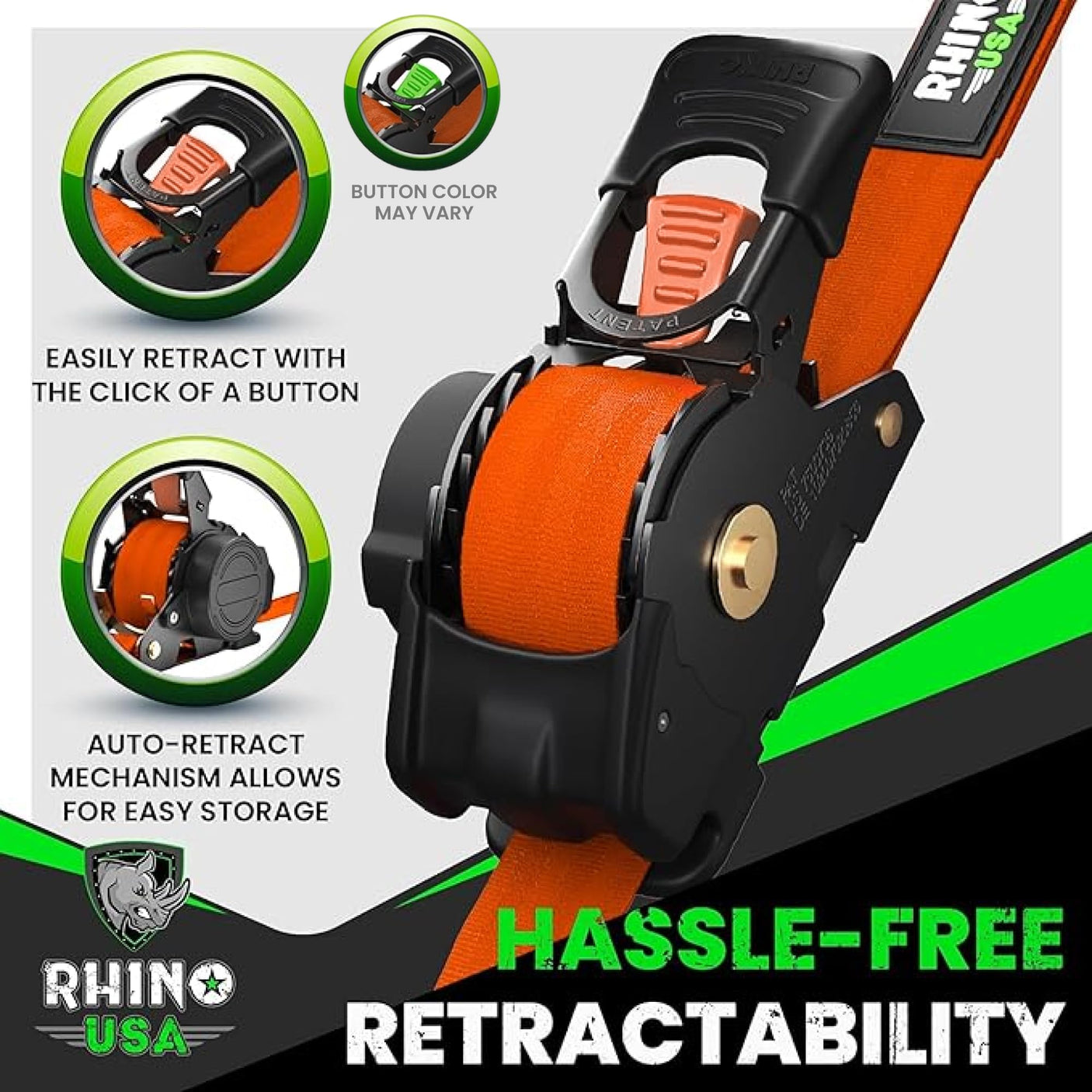 Rhino USA Retractable Ratchet Straps (4-Pack) - 1 Inch x 10 Feet (1,209lb Break Strength) - Heavy Duty Auto Self Retracting Tie Down Straps for Truck, Cargo Trailer, Motorcycle, Rad & More - Green