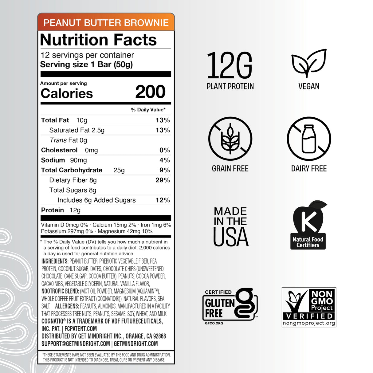 Mindright Superfood Vegan Protein Bar | Gluten Free, Non-Gmo, Low Sugar | Brain Food Snack to Enhance Mood, Energy, and Focus | Pack of 12 (Peanut Butter Cup)