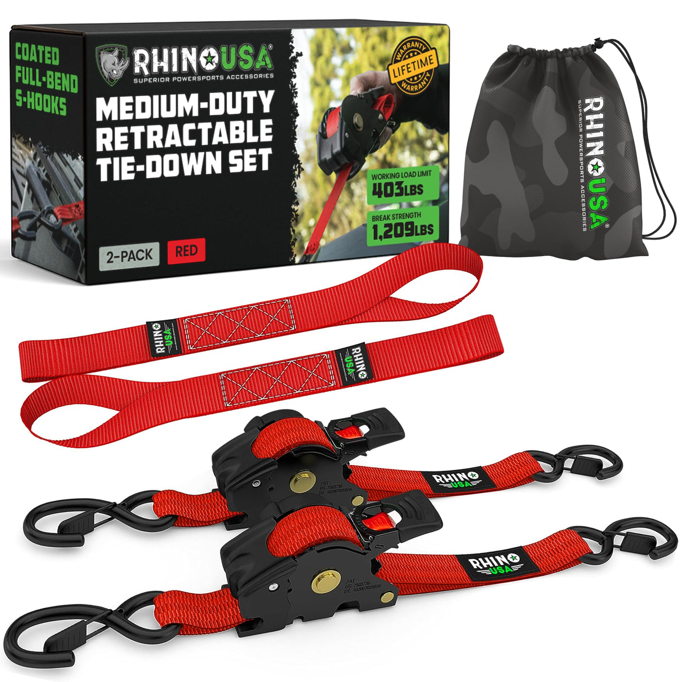 Rhino USA Retractable Ratchet Straps (4-Pack) - 1 Inch x 10 Feet (1,209lb Break Strength) - Heavy Duty Auto Self Retracting Tie Down Straps for Truck, Cargo Trailer, Motorcycle, Rad & More - Green