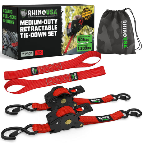 Rhino USA Retractable Ratchet Straps (4-Pack) - 1 Inch x 10 Feet (1,209lb Break Strength) - Heavy Duty Auto Self Retracting Tie Down Straps for Truck, Cargo Trailer, Motorcycle, Rad & More - Green