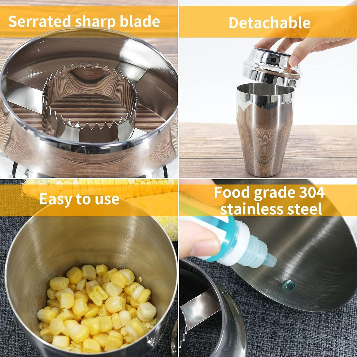 Newness Corn Stripper Peeler & Cutter with Cup, 304 Stainless Steel Cob Thresher, Off-Cob Kernel Remover & Slicer with Serrated Blade for Home & Kitchen