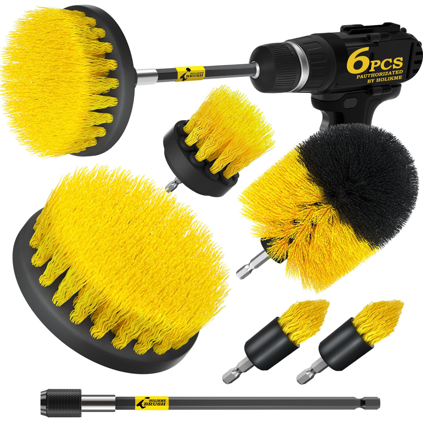 Holikme 6Pack Drill Brush Power Scrubber Cleaning Brush Extended Long Attachment Set All Purpose Drill Scrub Brushes Kit for Grout, Floor, Tub, Bathroom and Kitchen Surface,Scratch Brushes（Yellow）