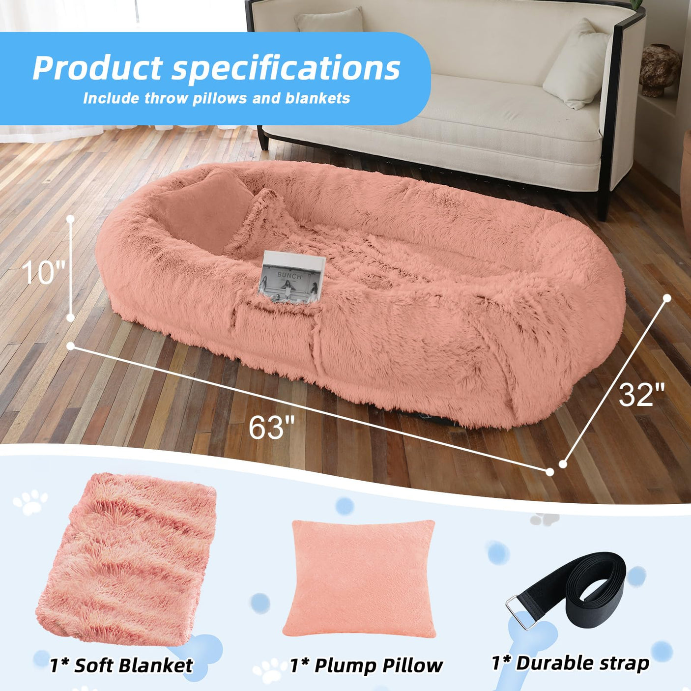 Human Dog Bed, Large Dog Beds for Humans Size Fits You and Pets, Washable Faux Fur Orthopedic Human Pet Bed for People Doze Off, Napping, Present Pillow, Blanket, Strap - Khaki