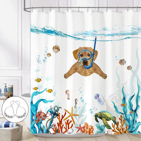 Fowocu Funny Cat Shower Curtain Set Teal Blue Sea Ocean Waterproof Fabric Shower Curtains with Animal Octopus Starfish Turtle Anchor Fish Nautical Bathroom Decor (Blue, 72''×72'')