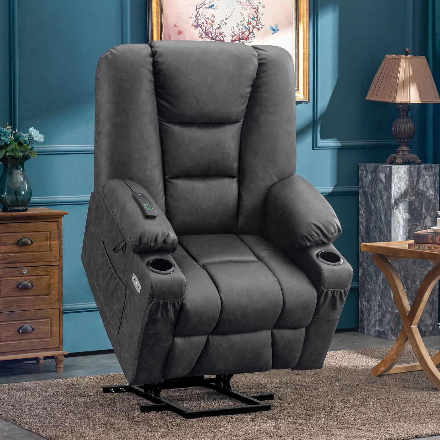 MCombo Power Lift Recliner Chair for Elderly, Lift Chair with Heat and Massage, USB Ports, Cup Holders, Faux Leather 7519 (Medium, Dark Brown)