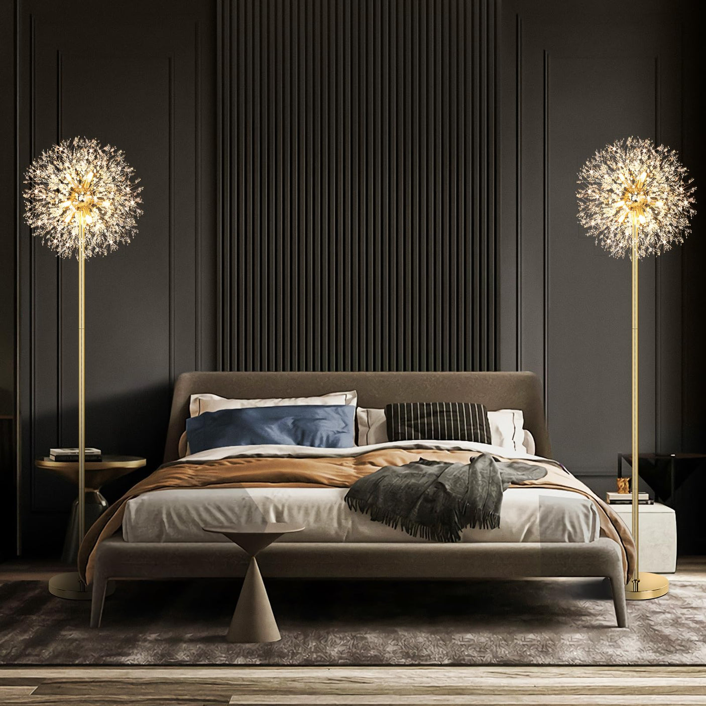 BesLowe 69'' Crystal Floor Lamp for Living Room, Modern Standing Lamp with 738PCS K9 Crystals, Tall Lamp Pole Light for Bedroom Office, Mid Century Gold Floor Lighting with 9 LED Bulbs, Antique Brass