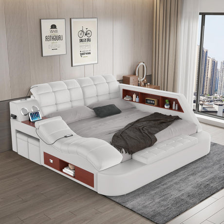Multifunction Smart King Bed Frame, Luxury Upholstered Platform with Massage Recliner/Bluetooth Speaker/USB Charging Station/Storage Drawers, Leather Headboard/ Strong Wooden Slats, Black