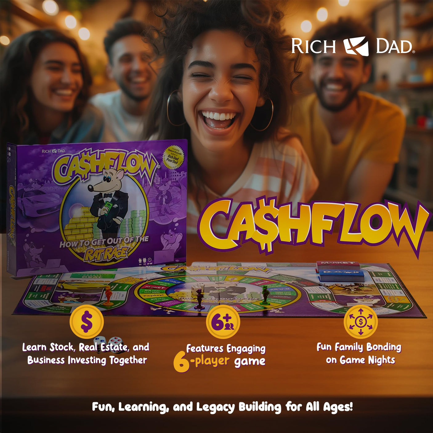 Rich Dad Cashflow Board Game for Kids, Children's Edition, Up to 6 Players, Ages 6+ - Fun and Educational Learning Games for Boys, Girls, and Family