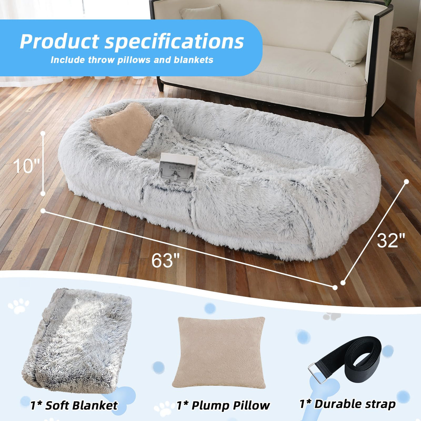 Human Dog Bed, Large Dog Beds for Humans Size Fits You and Pets, Washable Faux Fur Orthopedic Human Pet Bed for People Doze Off, Napping, Present Pillow, Blanket, Strap - Khaki