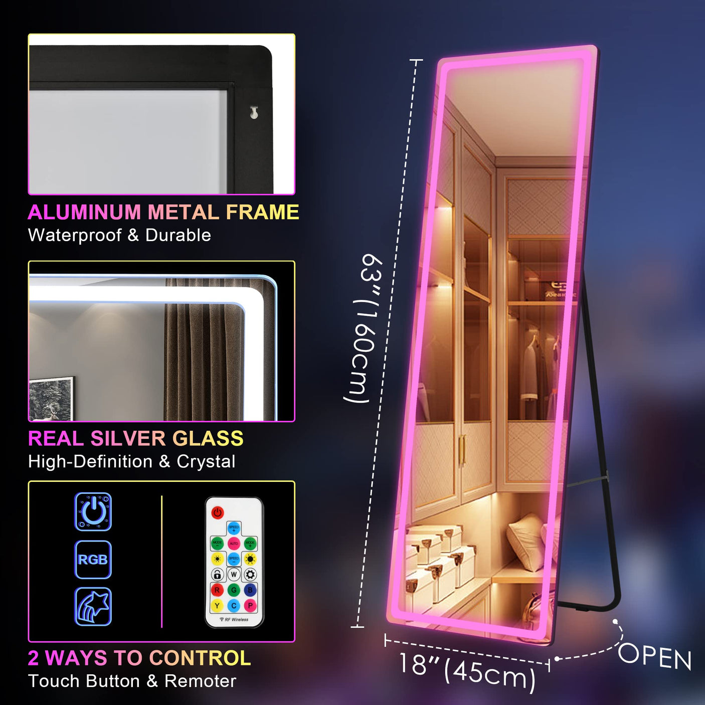 LVSOMT LED RGB Full Length Mirror, Full Body Mirror with Lights, Wall Mounted Lighted Mirror, Over The Door Hanging Mirror, 14 LED Light + Dimmable Brightness + Adjustable Speed, 47" x 16"