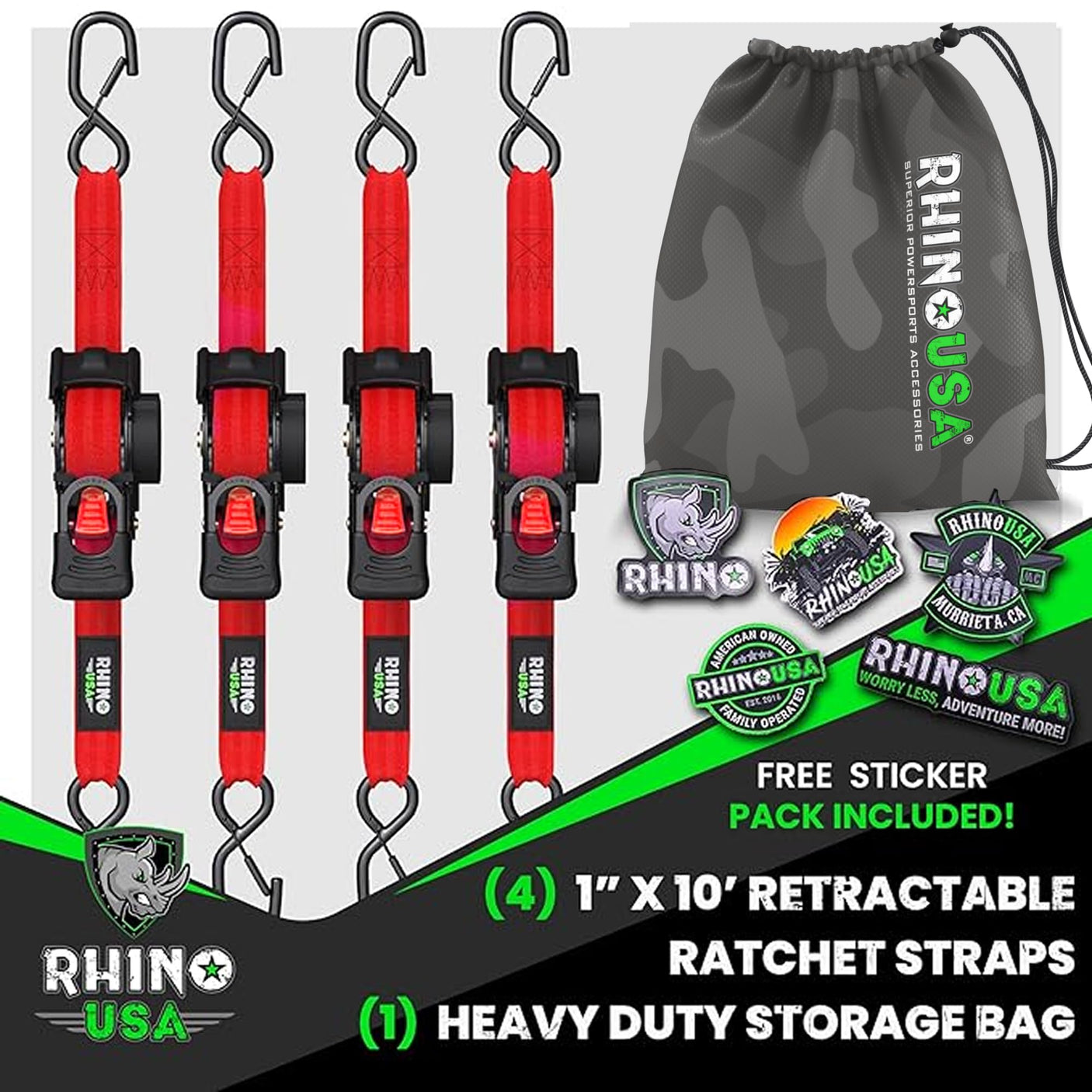 Rhino USA Retractable Ratchet Straps (4-Pack) - 1 Inch x 10 Feet (1,209lb Break Strength) - Heavy Duty Auto Self Retracting Tie Down Straps for Truck, Cargo Trailer, Motorcycle, Rad & More - Green