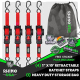 Rhino USA Retractable Ratchet Straps (4-Pack) - 1 Inch x 10 Feet (1,209lb Break Strength) - Heavy Duty Auto Self Retracting Tie Down Straps for Truck, Cargo Trailer, Motorcycle, Rad & More - Green