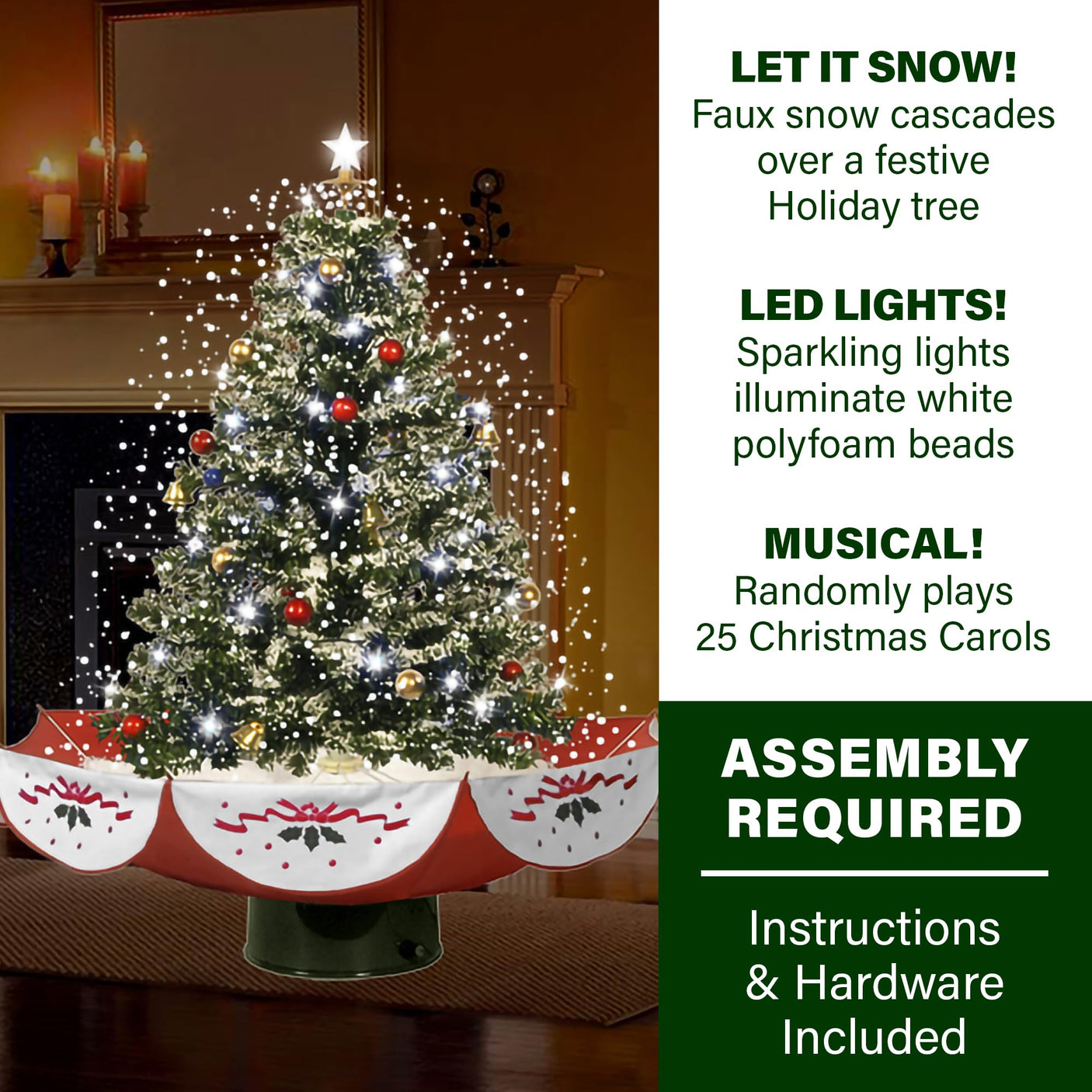 Fraser Hill Farm 29-in. Snowing Musical Christmas Tree with Warm White LED Lights, 25 Christmas Carols, Decorations, Star Topper, and Red Umbrella Base, Festive Xmas Decor for Foyer and Family Room