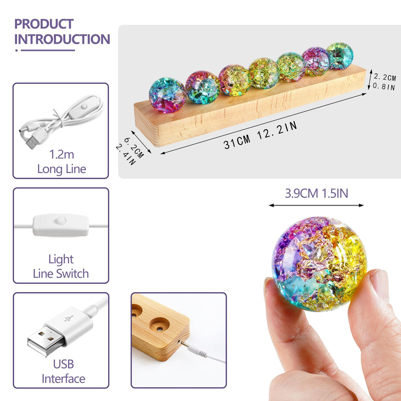 7 Chakra Natural Healing Spheres with LED Wooden Stand 40mm Crystal Quartz Stones for Meditation Positive Energy Night Light Decoration Balls Set for Home