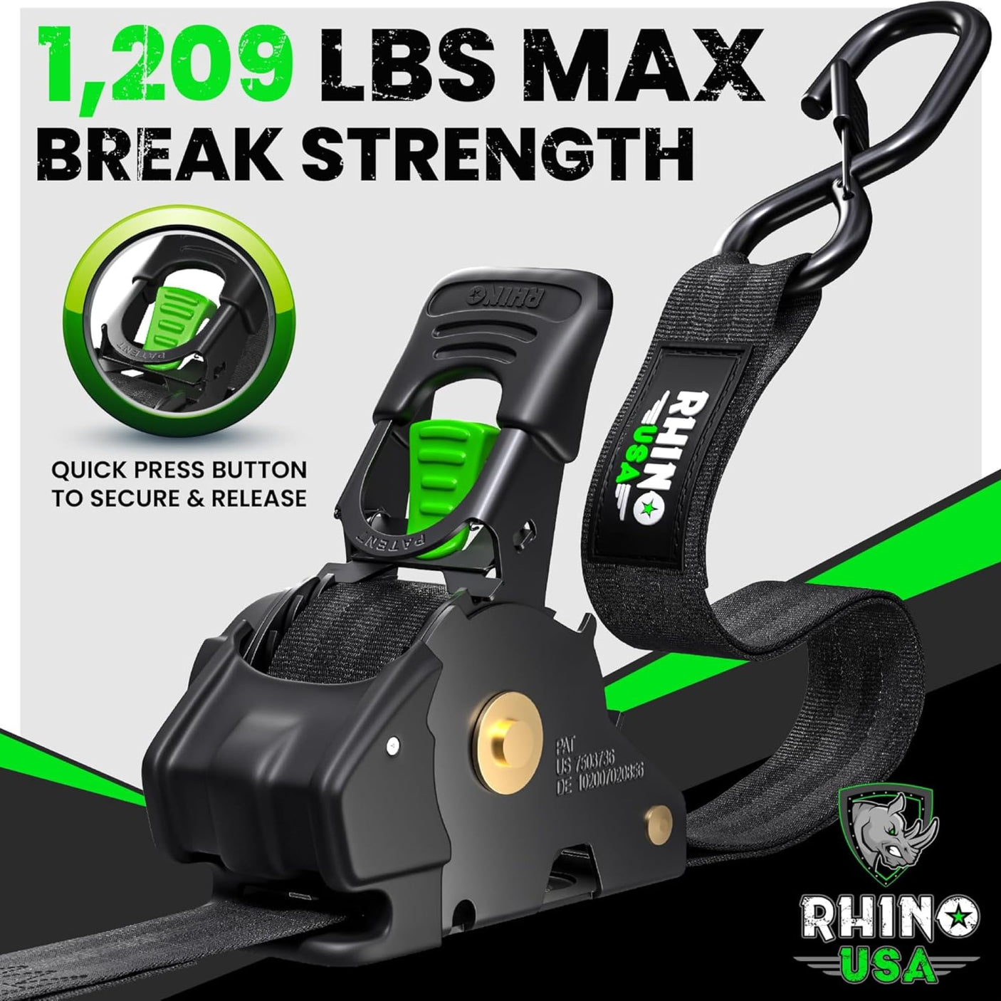 Rhino USA Retractable Ratchet Straps (4-Pack) - 1 Inch x 10 Feet (1,209lb Break Strength) - Heavy Duty Auto Self Retracting Tie Down Straps for Truck, Cargo Trailer, Motorcycle, Rad & More - Green