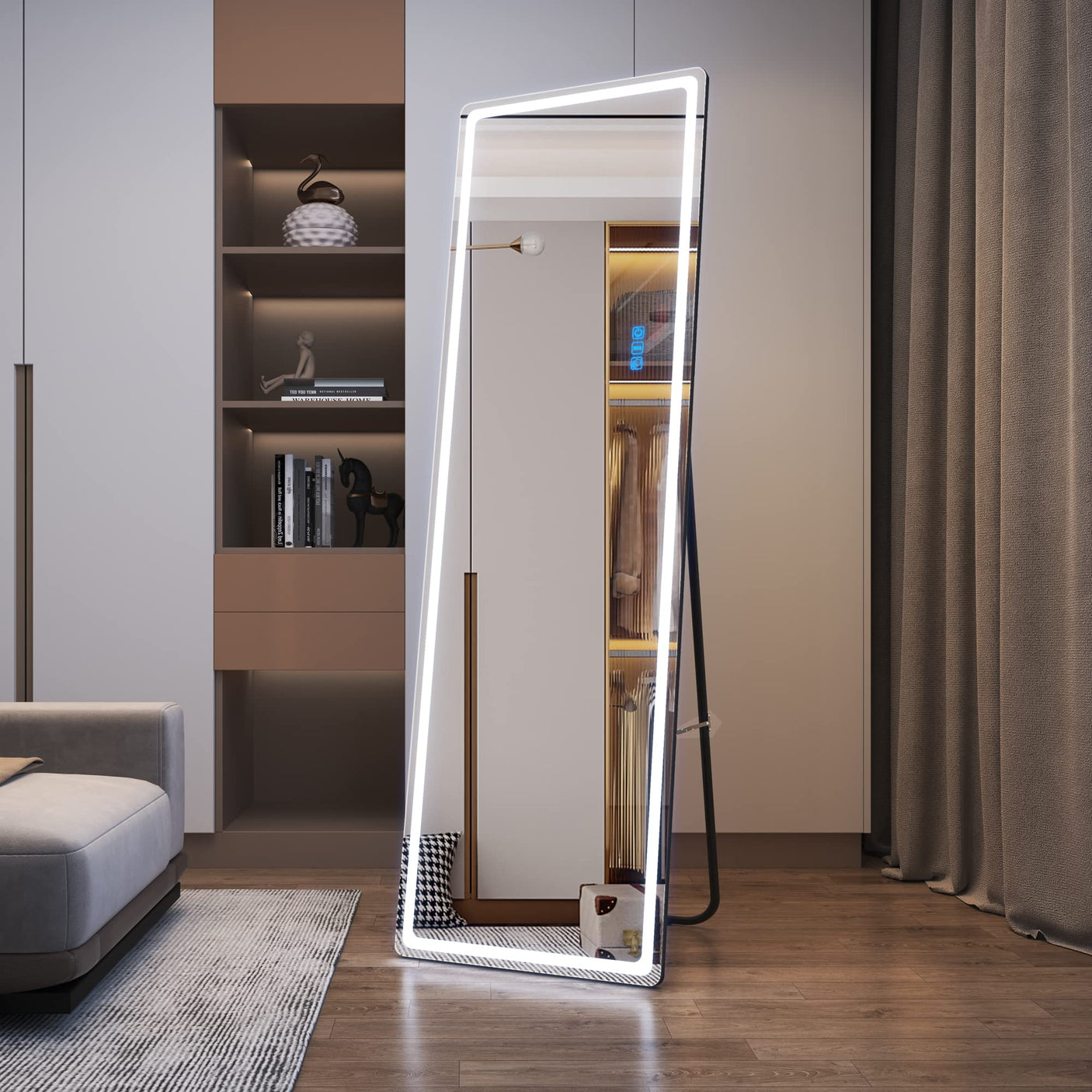 LVSOMT LED RGB Full Length Mirror, Full Body Mirror with Lights, Wall Mounted Lighted Mirror, Over The Door Hanging Mirror, 14 LED Light + Dimmable Brightness + Adjustable Speed, 47" x 16"