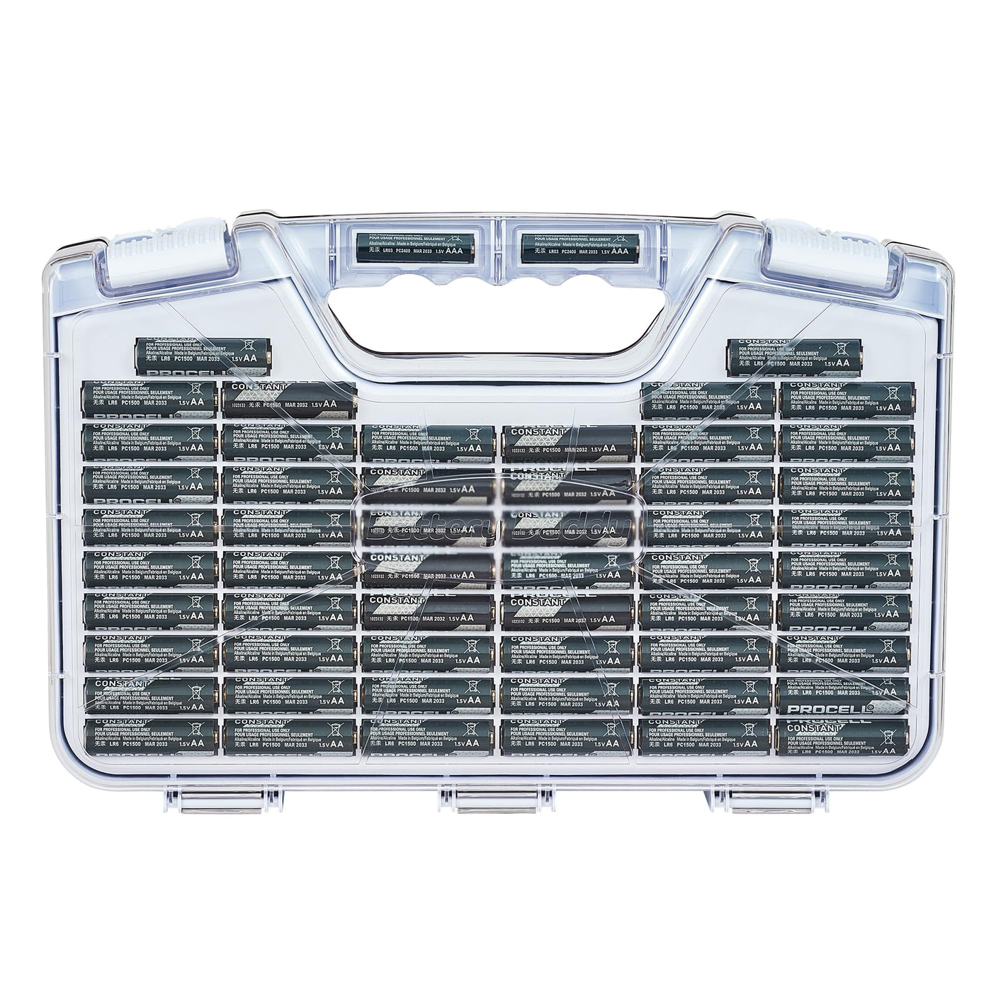 Ontel Battery Daddy Storage & Organizer Case with Tester, Stores & Protects Up to 180 Batteries, Double-Sided, Durable Design W/Clear Locking Lid, Secure Latches & Portable Carrying Handle- Warm Grey