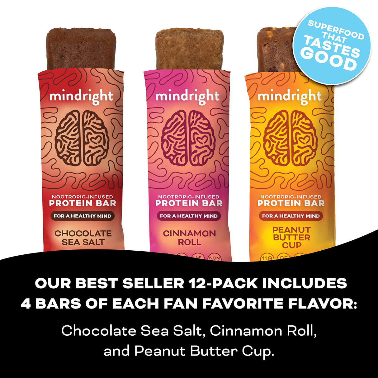 Mindright Superfood Vegan Protein Bar | Gluten Free, Non-Gmo, Low Sugar | Brain Food Snack to Enhance Mood, Energy, and Focus | Pack of 12 (Peanut Butter Cup)