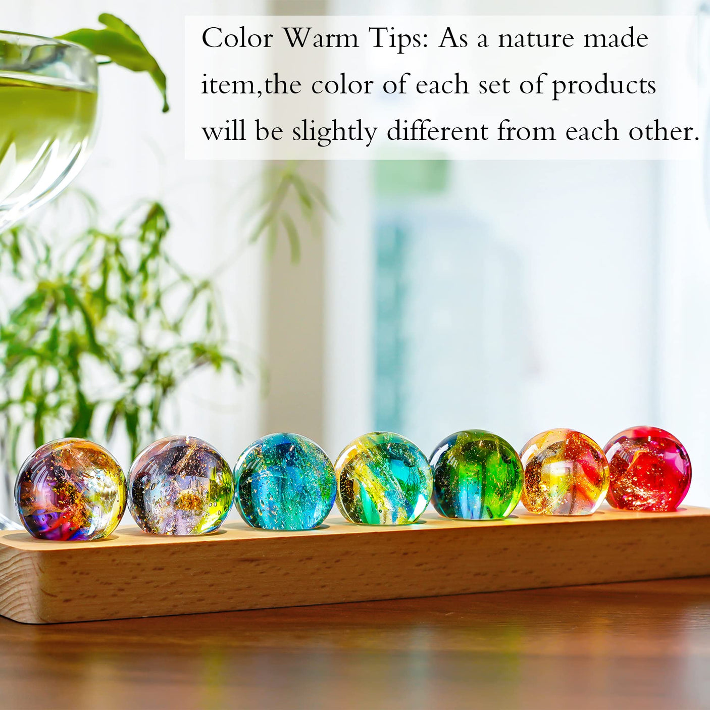 7 Chakra Natural Healing Spheres with LED Wooden Stand 40mm Crystal Quartz Stones for Meditation Positive Energy Night Light Decoration Balls Set for Home