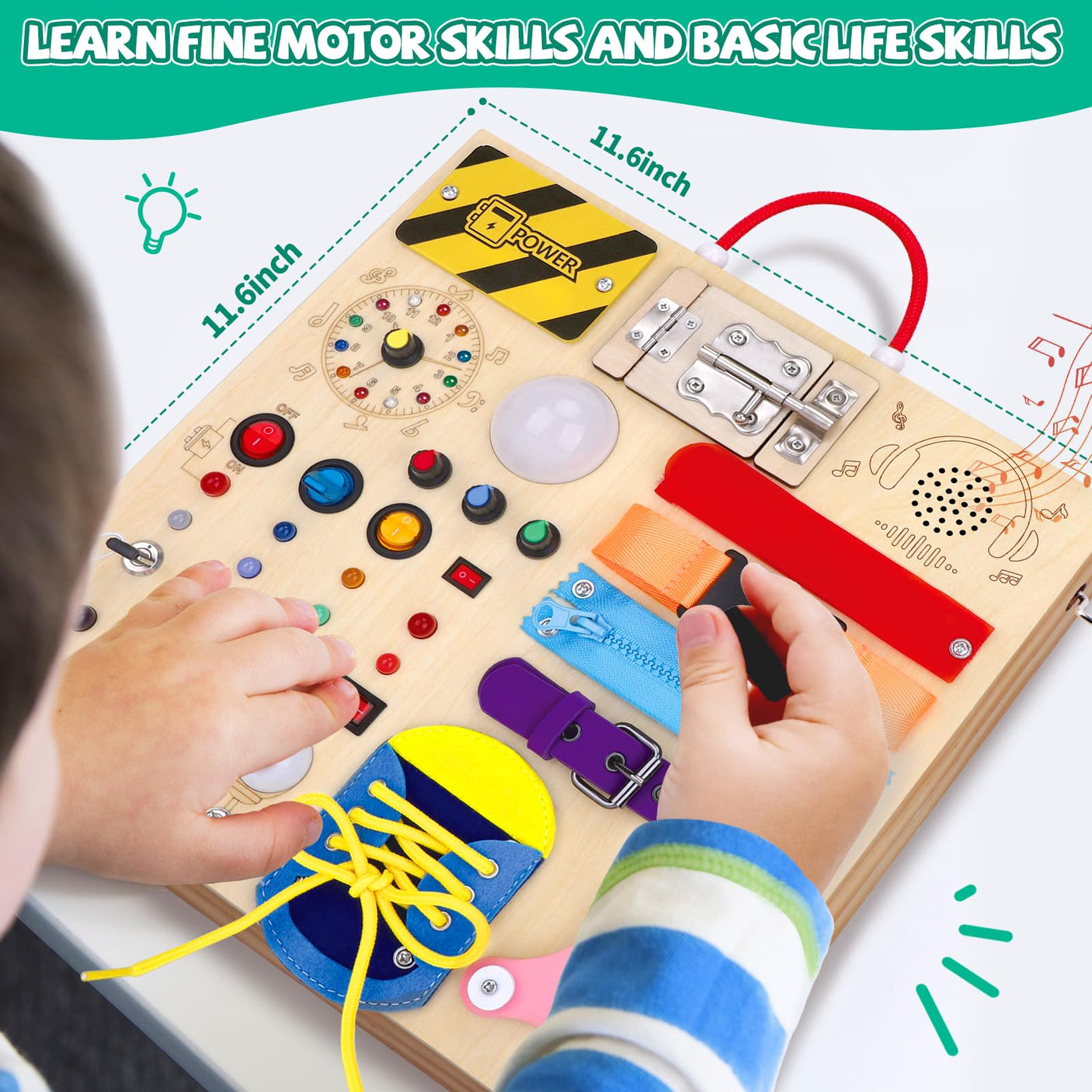 Busy Board, Montessori Toy for 1-3 Years Old, Wooden Toddler Sensory Travel Toy, Ideal Gift for 1+ Year Old Boys (Busy Board Plus V2), Medium, Yellow