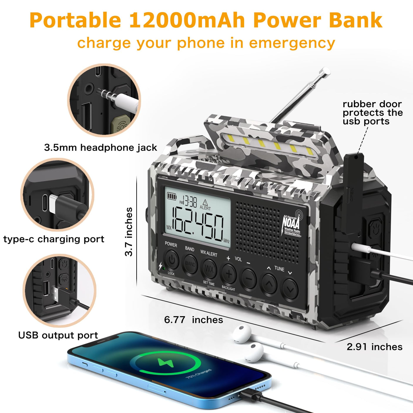 NOAA Weather Radio, Emergency Hand Crank Radio with Solar Charger, Portable Battery Operated AM FM Shortwave Radio with LED Flashlight, USB Charger, Earbud Jack, SOS Alert for Home Survival Hurricane