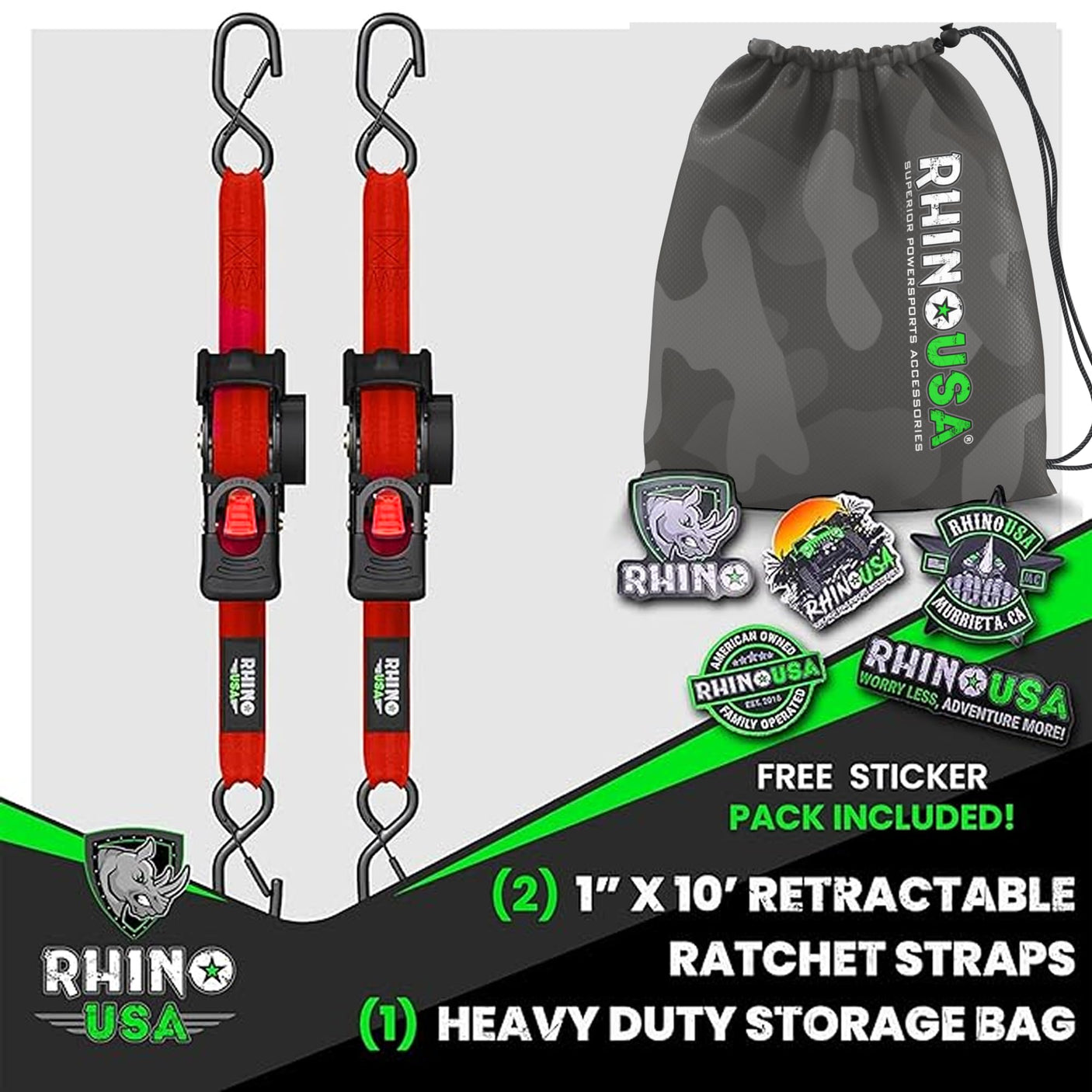 Rhino USA Retractable Ratchet Straps (4-Pack) - 1 Inch x 10 Feet (1,209lb Break Strength) - Heavy Duty Auto Self Retracting Tie Down Straps for Truck, Cargo Trailer, Motorcycle, Rad & More - Green