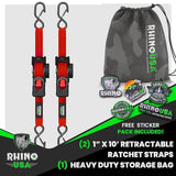 Rhino USA Retractable Ratchet Straps (4-Pack) - 1 Inch x 10 Feet (1,209lb Break Strength) - Heavy Duty Auto Self Retracting Tie Down Straps for Truck, Cargo Trailer, Motorcycle, Rad & More - Green