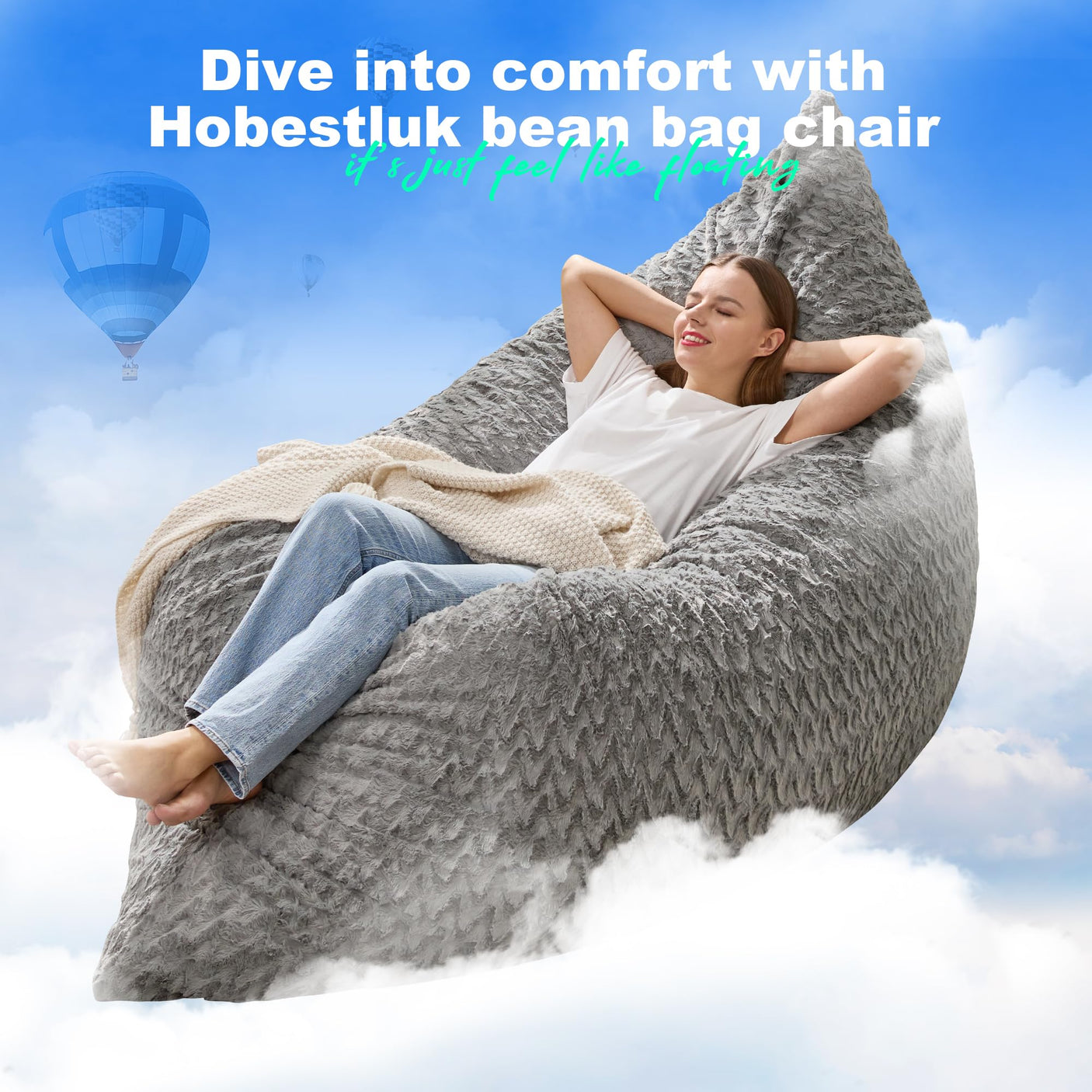 Hobestluk 3 in 1 Bean Bag Chair Giant Bean Bag Chairs Convertible Bean Bag Floor Cushion with Machine Washable Cover, Beanbag Chairs for Adult (Dark Grey)