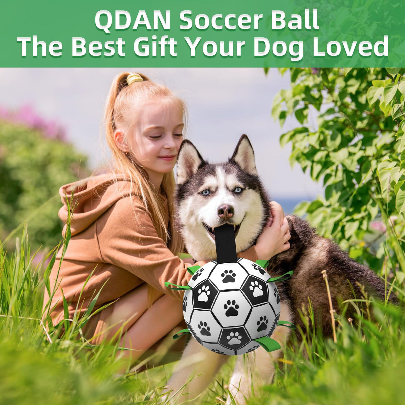 QDAN Premium Dog Toys Balls, Dog Soccer Ball with Straps, Dog Birthday Gifts, Herding Ball, Durable Balls for Small Medium Pet, Puppy Outdoor Toy, Pet Training Soccer Ball, World Cup Soccer (6 Inch)
