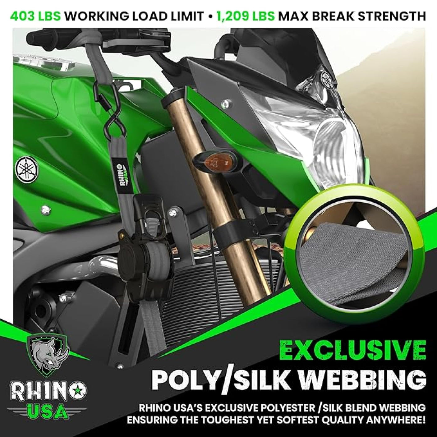 Rhino USA Retractable Ratchet Straps (4-Pack) - 1 Inch x 10 Feet (1,209lb Break Strength) - Heavy Duty Auto Self Retracting Tie Down Straps for Truck, Cargo Trailer, Motorcycle, Rad & More - Green