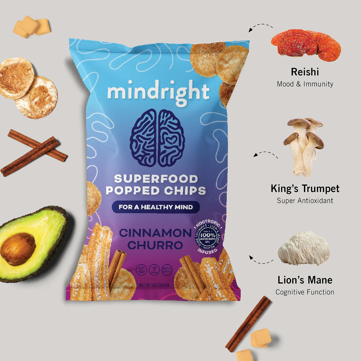 MINDRIGHT Superfood Vegan Nootropic Snack Popped Veggie Chips Variety Pack - Gluten Free Non-Gmo Grain Free - Brain Food Healthy Chips To Help Enhance Mood, Energy & Focus (4oz, 4 Pack)