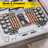 Ontel Battery Daddy Storage & Organizer Case with Tester, Stores & Protects Up to 180 Batteries, Double-Sided, Durable Design W/Clear Locking Lid, Secure Latches & Portable Carrying Handle- Warm Grey