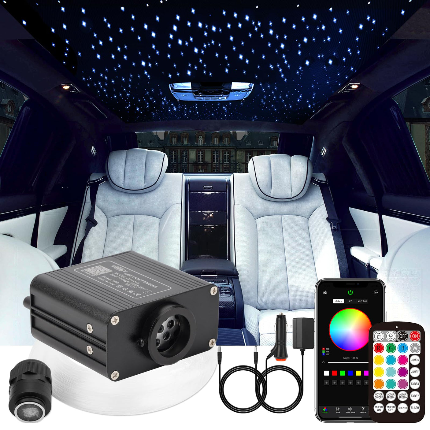 CHINLY Two-Color 1000pcs Twinkle Starlight Headliner Kit 1000 Piece Star Lights for Car,13.1ft Car Star Lights,APP RGBW Fiber Optic Lights Starlights Headliner Kit for Home Theater