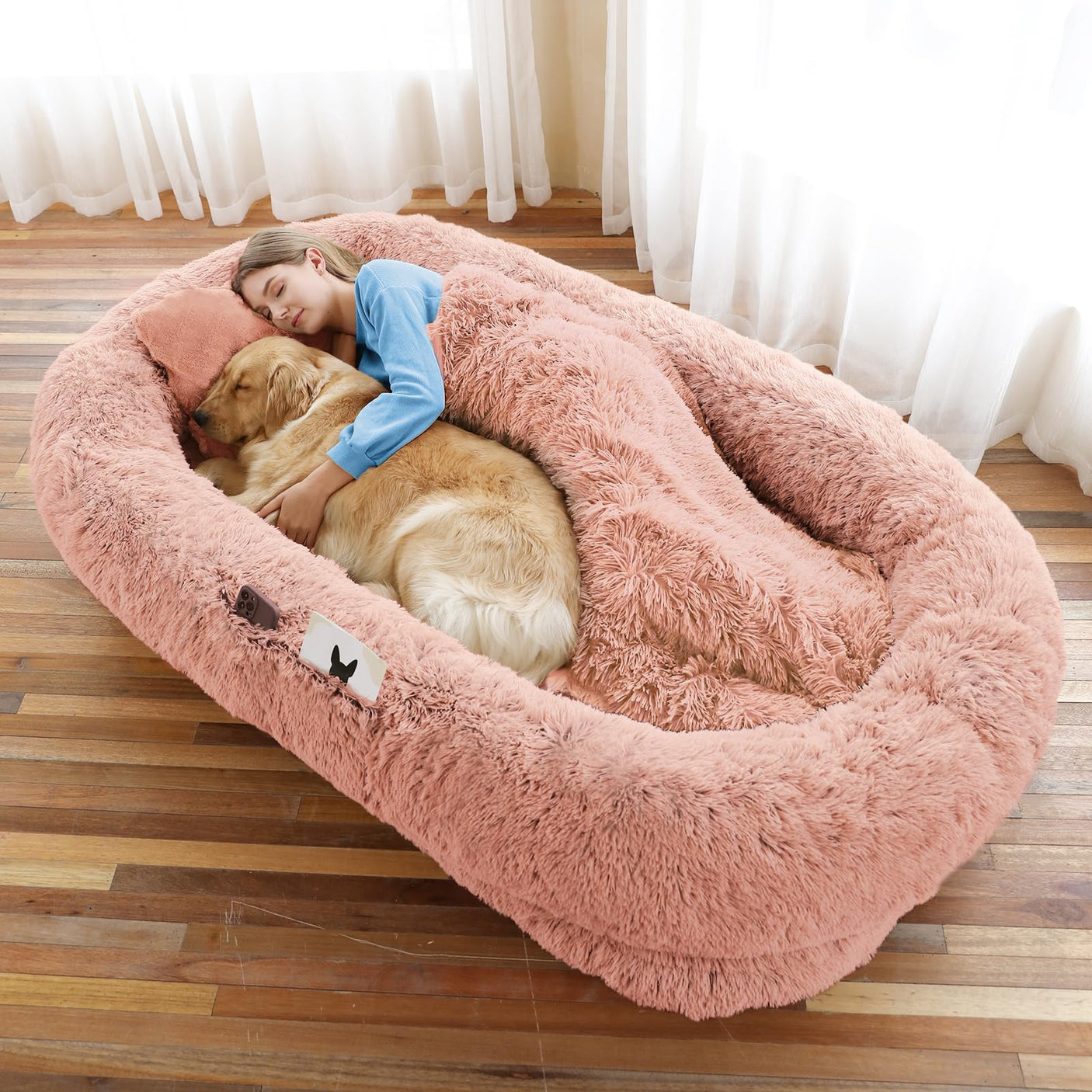 Human Dog Bed, Large Dog Beds for Humans Size Fits You and Pets, Washable Faux Fur Orthopedic Human Pet Bed for People Doze Off, Napping, Present Pillow, Blanket, Strap - Khaki