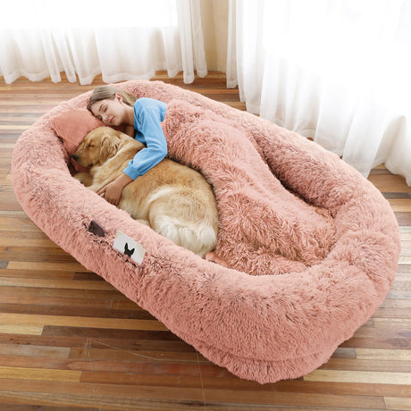Human Dog Bed, Large Dog Beds for Humans Size Fits You and Pets, Washable Faux Fur Orthopedic Human Pet Bed for People Doze Off, Napping, Present Pillow, Blanket, Strap - Khaki