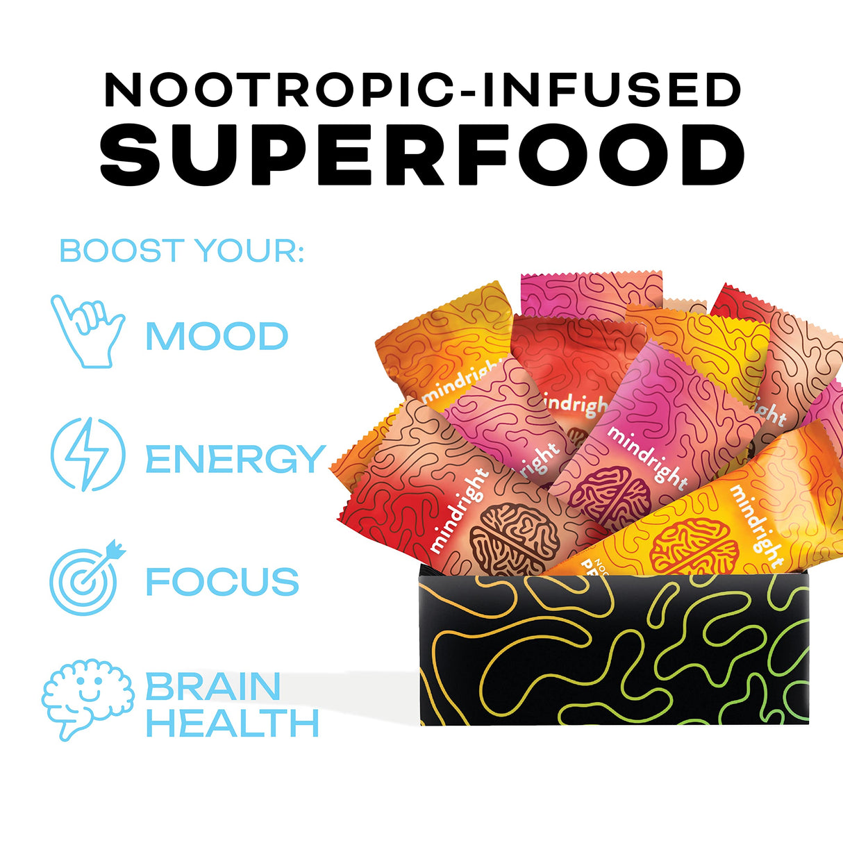 Mindright Superfood Vegan Protein Bar | Gluten Free, Non-Gmo, Low Sugar | Brain Food Snack to Enhance Mood, Energy, and Focus | Pack of 12 (Peanut Butter Cup)