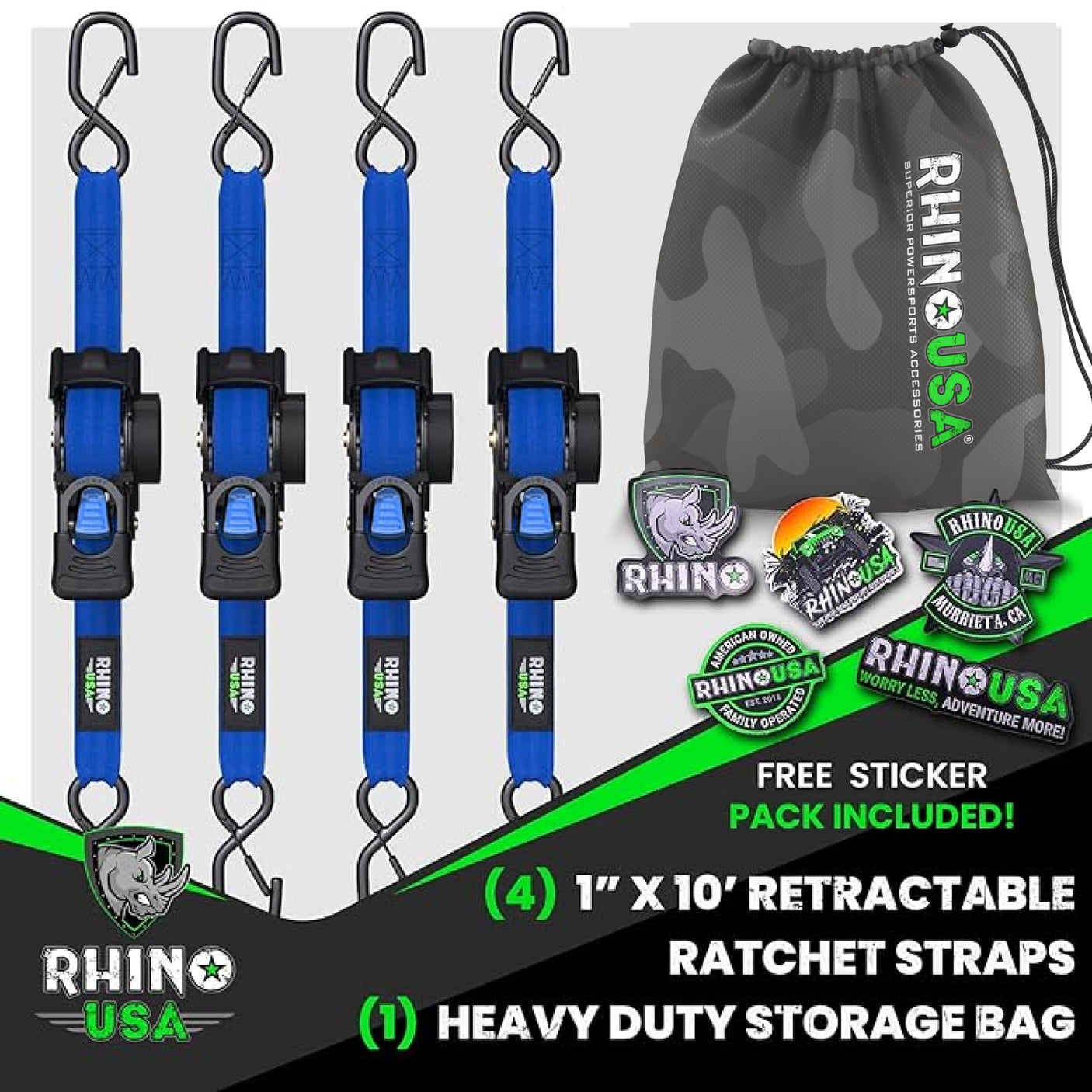 Rhino USA Retractable Ratchet Straps (4-Pack) - 1 Inch x 10 Feet (1,209lb Break Strength) - Heavy Duty Auto Self Retracting Tie Down Straps for Truck, Cargo Trailer, Motorcycle, Rad & More - Green