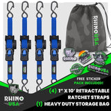 Rhino USA Retractable Ratchet Straps (4-Pack) - 1 Inch x 10 Feet (1,209lb Break Strength) - Heavy Duty Auto Self Retracting Tie Down Straps for Truck, Cargo Trailer, Motorcycle, Rad & More - Green