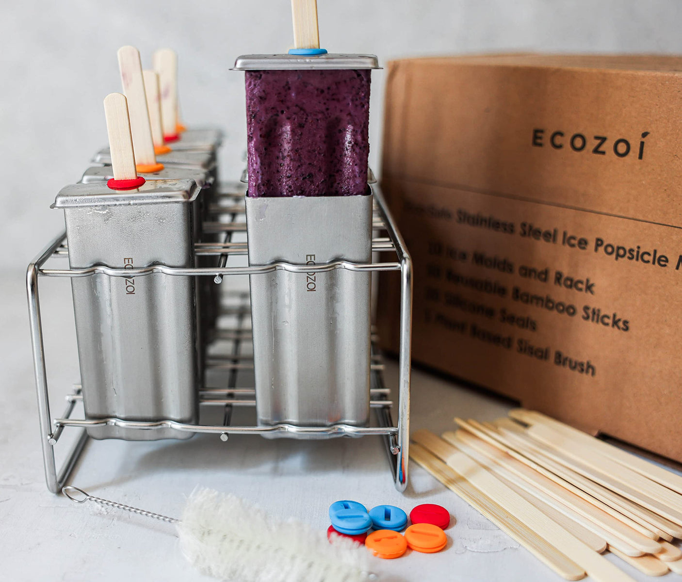 Stainless Steel Popsicle Molds and Rack - 10 Square Ice Pop Makers + 50 Reusable Bamboo Sticks + 20 Silicone Seals + 1 Cleaning Brush + 1 Rack