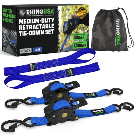 Rhino USA Retractable Ratchet Straps (4-Pack) - 1 Inch x 10 Feet (1,209lb Break Strength) - Heavy Duty Auto Self Retracting Tie Down Straps for Truck, Cargo Trailer, Motorcycle, Rad & More - Green