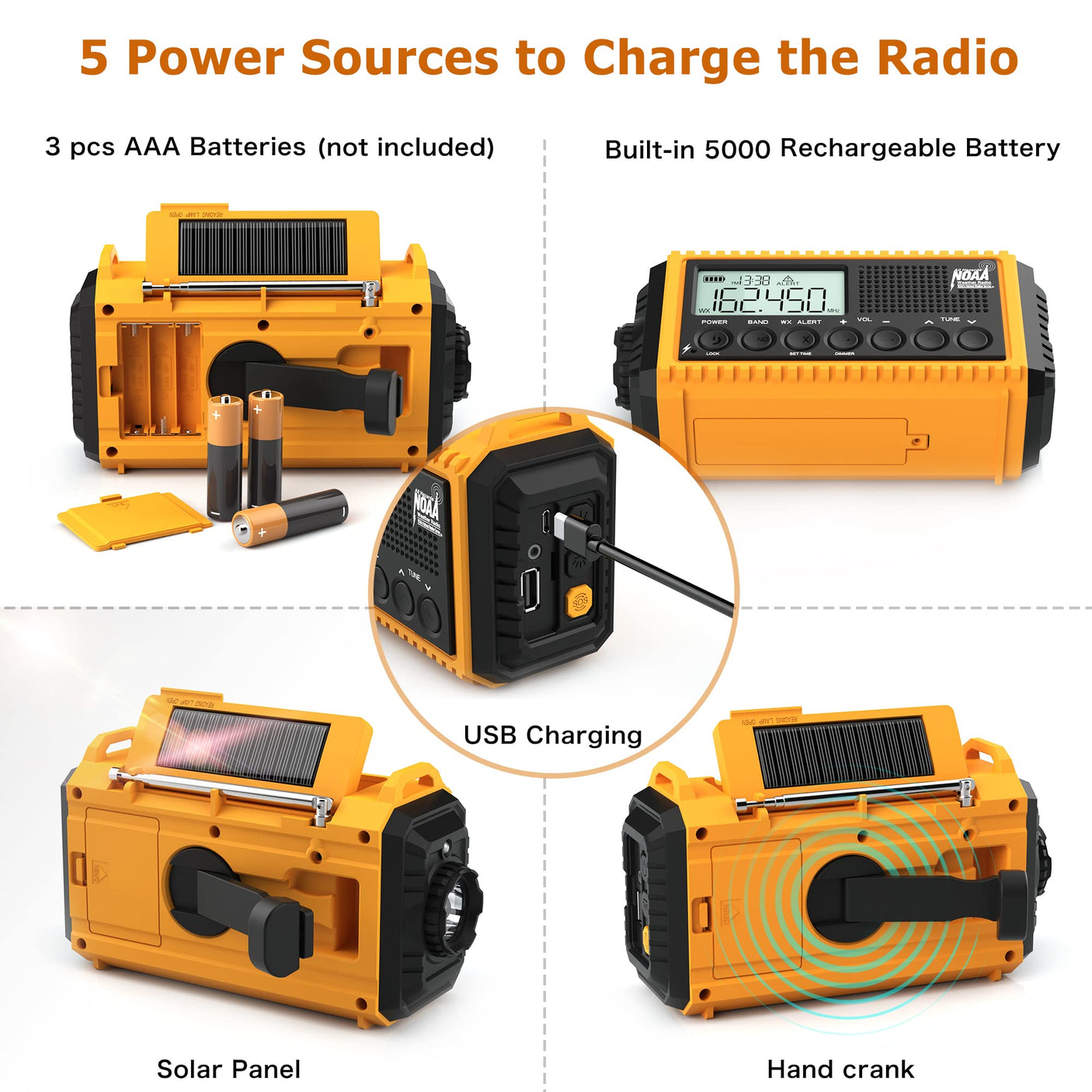 NOAA Weather Radio, Emergency Hand Crank Radio with Solar Charger, Portable Battery Operated AM FM Shortwave Radio with LED Flashlight, USB Charger, Earbud Jack, SOS Alert for Home Survival Hurricane