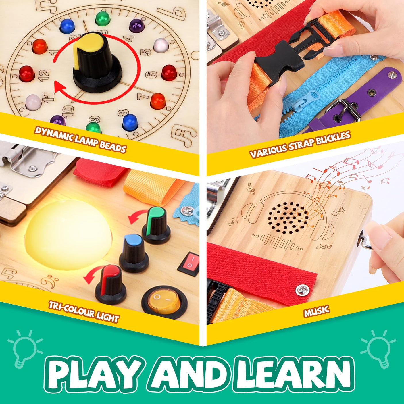 Busy Board, Montessori Toy for 1-3 Years Old, Wooden Toddler Sensory Travel Toy, Ideal Gift for 1+ Year Old Boys (Busy Board Plus V2), Medium, Yellow