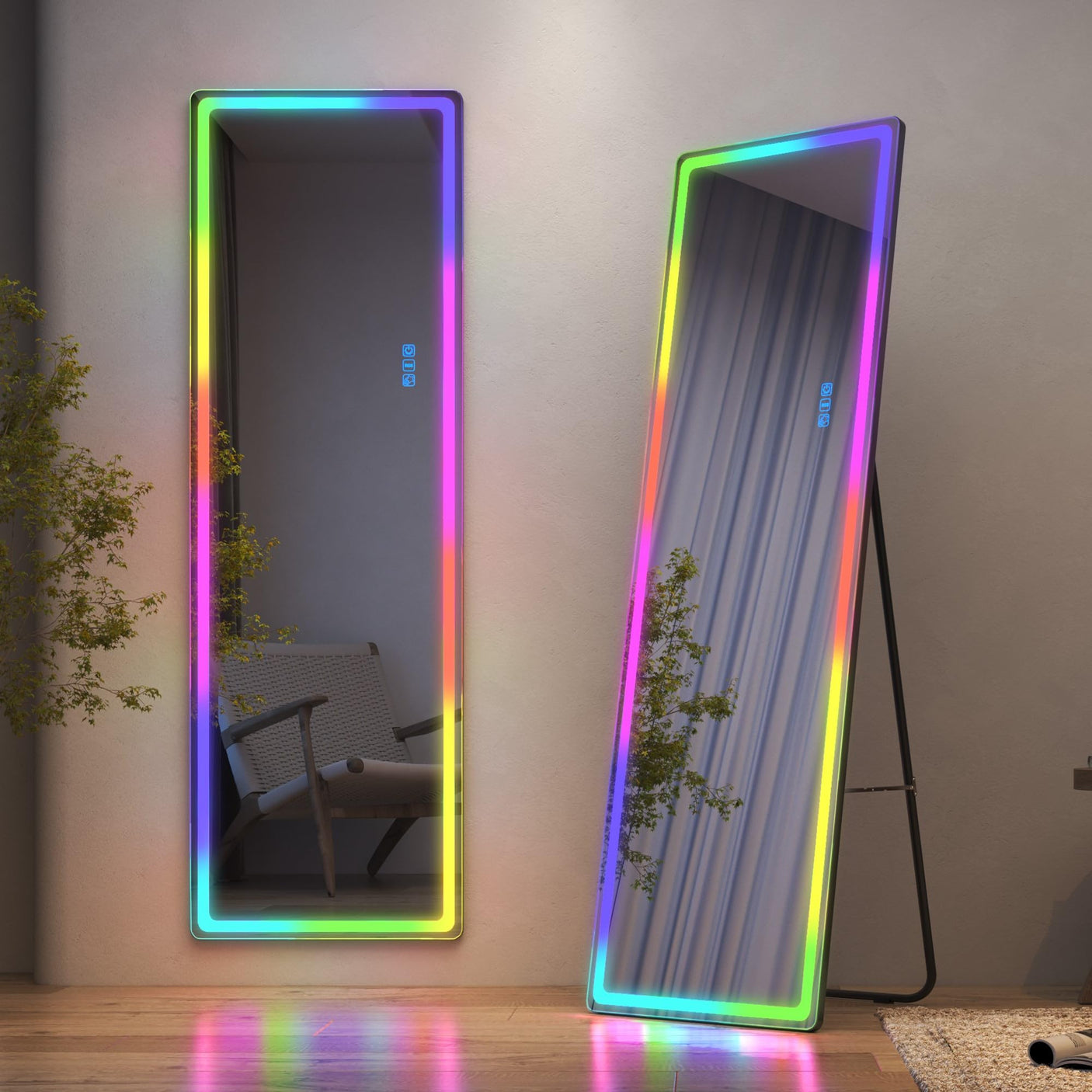 LVSOMT LED RGB Full Length Mirror, Full Body Mirror with Lights, Wall Mounted Lighted Mirror, Over The Door Hanging Mirror, 14 LED Light + Dimmable Brightness + Adjustable Speed, 47" x 16"