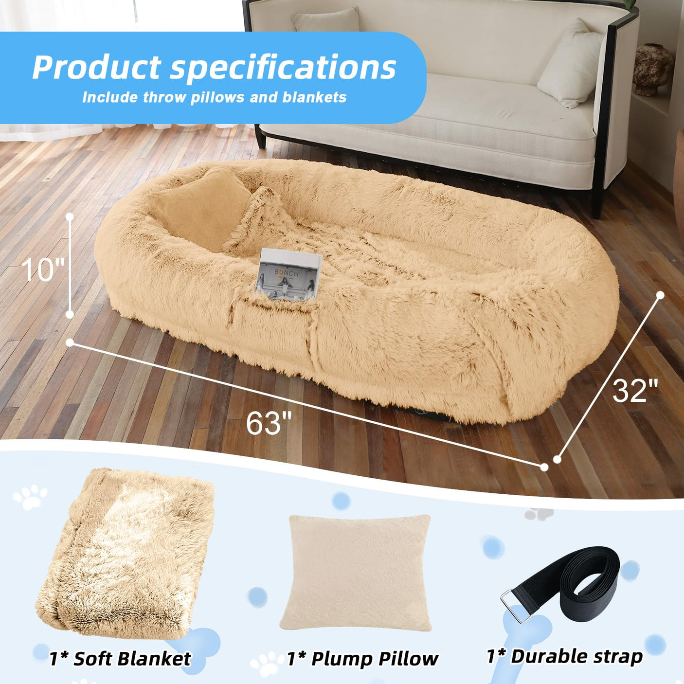 Human Dog Bed, Large Dog Beds for Humans Size Fits You and Pets, Washable Faux Fur Orthopedic Human Pet Bed for People Doze Off, Napping, Present Pillow, Blanket, Strap - Khaki